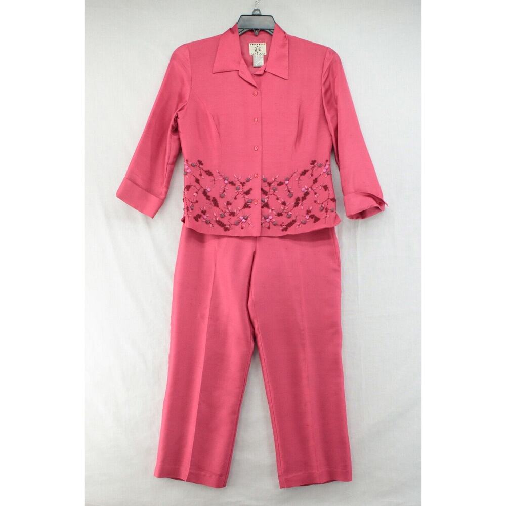 IcE 2 Pc Silk Pant Suit Coral Pink Sequin Women Size 4 Lined Cropped Capri